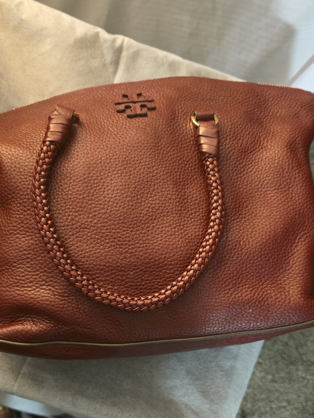 Tory Burch Cognac Pebbled Leather Braided-Handle Tote